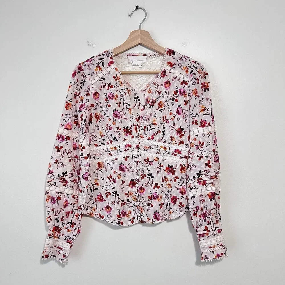 Anthropologie Puff Sleeve Floral Lace Trim Buttondown Blouse Top Size 4 Cottage
